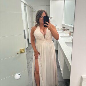 HEMMED PETITE Azazie Jaclyn Rose Petal Flowy Pleated Chiffon Dress